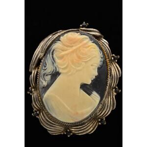 Vintage Cameo Pin Brooch Pendant Black White Antiqued Rustic Silver Tone BinAJ